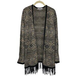 TanJay  Tan / Brown Abstract Print Open Cardigan Fringe hem size M